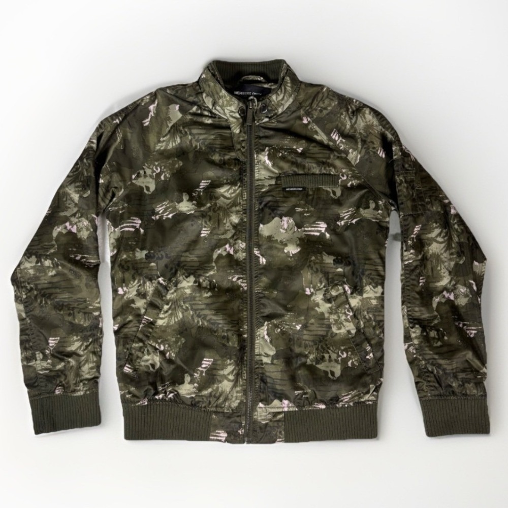Members Only Racer Jacket Youth 14 Olive Green Camo Bomber Streetwear Utility
